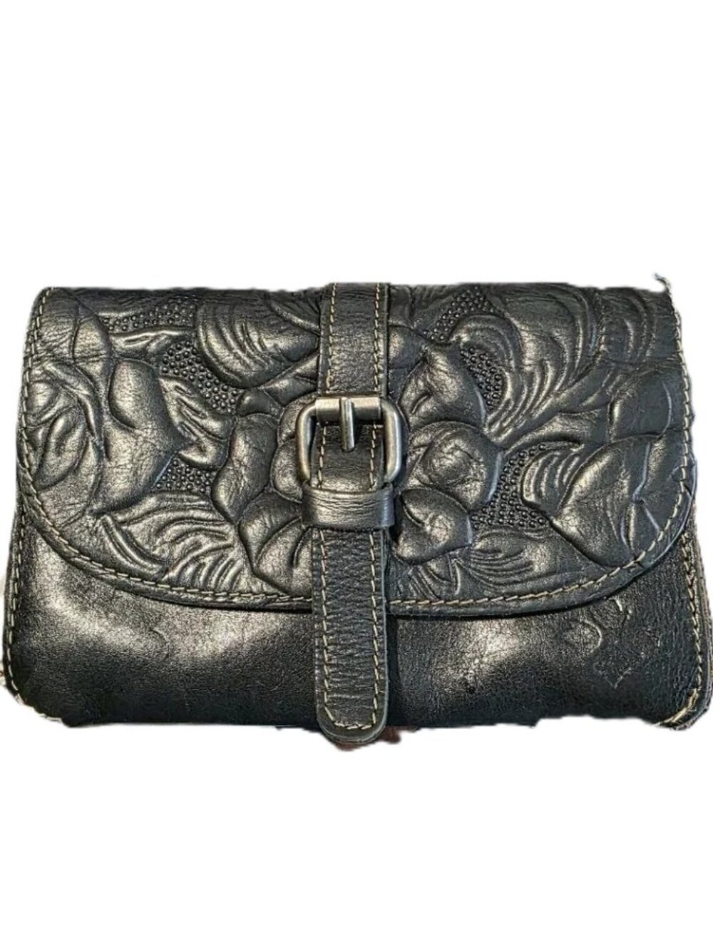 Patricia Nash Black Floral Embossed Leather Crossbody Bag